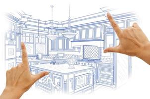 mãos emoldurando desenho de design de cozinha personalizada azul foto