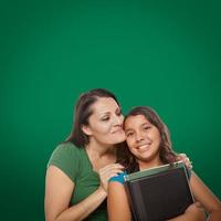 quadro de giz em branco atrás de uma orgulhosa mãe hispânica e uma filha estudante foto