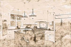 belo desenho de design de conceito de cozinha personalizada foto