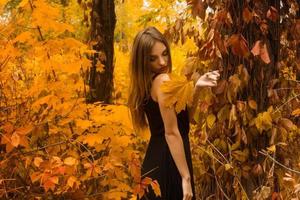 menina bonita de vestido preto com maquiagem posando na floresta de outono dourada foto