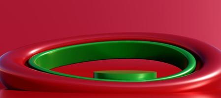 pódio verde e vermelho com objetos decorativos de curva. estande para mostrar produtos. display de pedestal moderno com espaço de cópia. tamanho da bandeira. modelo de capa do site. tema de feliz natal. renderização 3D. foto