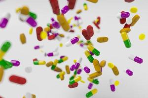 muitos medicamentos coloridos e pílulas de cima. ilustração de renderização 3D foto