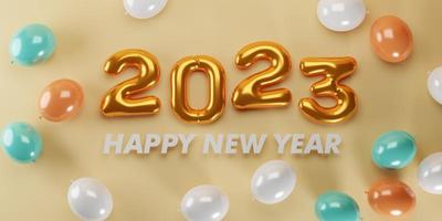 renderização 3D. número de texto dourado 2023 e composição de balões brancos em fundo laranja. design para fundo de feliz ano novo. foto