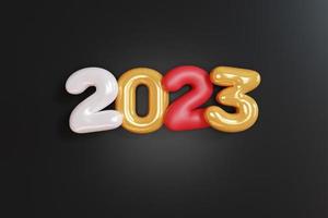 renderização 3D. texto dourado número 2023 e composição de balões brancos em fundo preto. design para fundo de feliz ano novo. foto