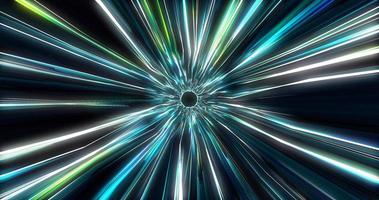 um túnel voando na velocidade da luz de faixas de luz em movimento azul e branco multicoloridas e feixes de energia. fundo abstrato foto