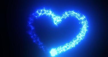 amor de coração azul brilhando brilhante para o feriado do dia dos namorados de linhas de energia mágica e partículas em fundo preto. fundo abstrato foto