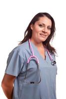 médica hispânica ou enfermeira em branco foto