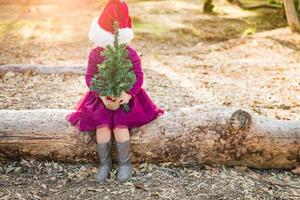 menina bonita de raça mista se divertindo com chapéu de papai noel e árvore de natal ao ar livre no log foto