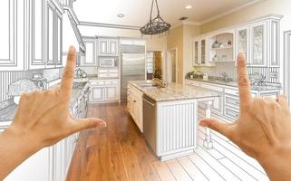 desenho de design de cozinha personalizado com moldura de mãos e combinação de fotos