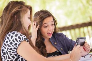 namoradas jovens adultas expressivas usando seu telefone celular inteligente ao ar livre foto