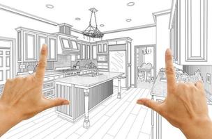 mãos emoldurando desenho de design de cozinha personalizado foto