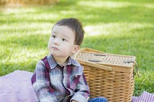 menino jovem de raça mista sentado no parque perto da cesta de piquenique foto