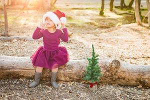 menina bonita de raça mista se divertindo com chapéu de papai noel e árvore de natal ao ar livre no log foto