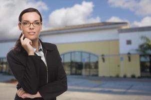 mulher em frente a prédio comercial foto