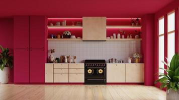 design de interiores de cozinha de estilo moderno com fundo de parede magenta viva. foto
