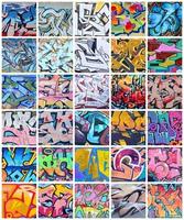 um conjunto de muitos pequenos fragmentos de desenhos de grafite. colagem de fundo abstrato de arte de rua foto