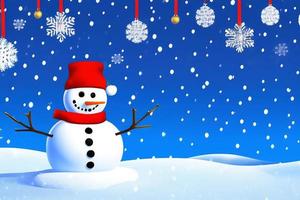 boneco de neve engraçado. feliz natal e feliz ano novo cartão. fundo nevado. foto