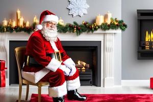 Papai Noel alegre está colocando caixas de presente. feliz natal e boas festas. foto