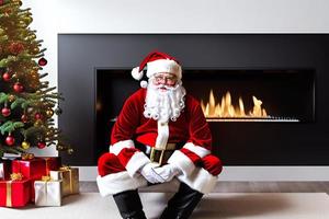 Papai Noel alegre está colocando caixas de presente. feliz natal e boas festas. foto