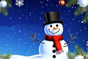 boneco de neve engraçado. feliz natal e feliz ano novo cartão. fundo nevado. foto