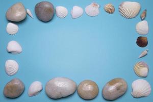 conchas do mar e pequenas pedras no fundo azul, com espaço livre para texto. foto