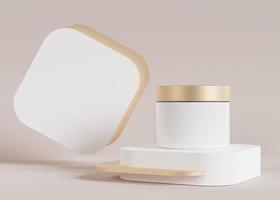 frasco de creme cosmético em branco, sem marca, em pé no pódio branco e dourado. apresentação de produtos para cuidados com a pele. maquete elegante. cuidados com a pele, beleza e spa. jar com espaço de cópia. renderização 3D. foto