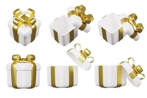 ilustração 3D feliz natal e feliz ano novo isolado no fundo branco. caixas de presentes brancas de luxo realistas. caixa de presente aberta foto