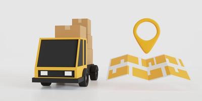 caminhão transportando mercadorias de acordo com o mapa para entregar mercadorias aos clientes. e renderização 3d de fundo branco. foto