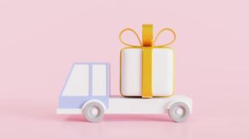 presente com laço de fita dourada no caminhão isolado em um fundo rosa. ícone surpresa para banner de presente, aniversário ou casamento. renderização 3D. foto