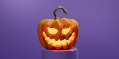 Conceito de halloween 3d com abóbora no pódio roxo isolado em fundo roxo. ilustração de renderização 3D foto