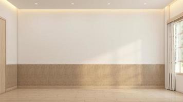 quarto vazio de estilo minimalista decorado com parede branca e parede de ripas de madeira. renderização 3d foto