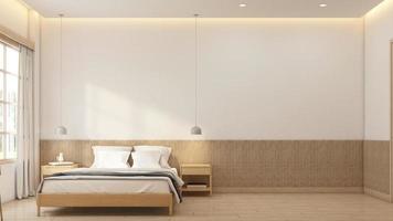 quarto vazio de estilo minimalista decorado com cama e mesa lateral. renderização 3D foto