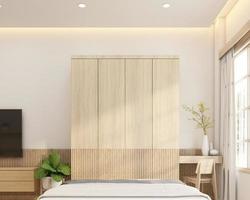 quarto de cama de estilo minimalista decorado com guarda-roupa de madeira. renderização 3D