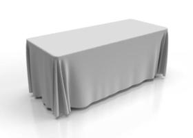 Ilustração 3D de uma toalha de mesa branca sobre uma mesa de cavalete com uma textura de tecido renderizada. Visão de perspectiva. isolado em um fundo branco para maquetes e ilustrações. foto