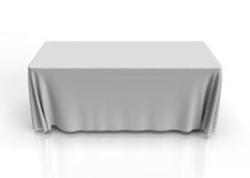 Ilustração 3D de uma toalha de mesa branca sobre uma mesa de cavalete com uma textura de tecido renderizada. visão em perspectiva frontal. isolado em um fundo branco para maquetes e ilustrações. foto