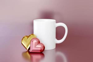 3D render maquete de caneca branca com corações em um fundo rosa. xícara de chá de cerâmica em branco com alça para publicidade no dia dos namorados ou das mães foto