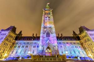 show de luzes de férias de inverno projetado à noite na casa do parlamento canadense para comemorar o 150º aniversário da confederação do canadá em ottawa, canadá. foto