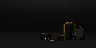 renderização 3d de fundo para o natal e ano novo com fundo de cores preto e ouro. caixa de presente e saco de compras círculo pódio em cores pretas e ouro. fundo de ilustração 3D. foto