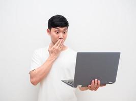 camisa branca de homem asiático fecha a boca com cara de choque olha para laptop na mão sobre fundo branco isolado foto