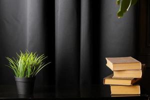 mesa criativa de escritório com livros e planta de casa na mesa preta. foto de alta qualidade