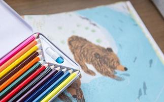 cores de lápis e livro de desenho animado