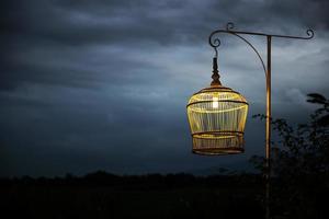 gaiola de pássaro branca como lâmpada contra o céu escuro foto