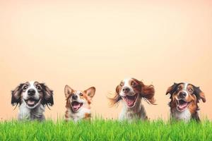 muitos cães felizes na grama com copyspace foto