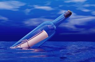 garrafa de vidro com uma mensagem de carta dentro dela no mar oceano - renderização de ilustração 3d foto