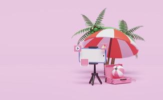 Viagem de verão de mídia social 3D com telefone celular, smartphone, tripé, mala, guarda-chuva, bola isolada em fundo rosa. transmissão ao vivo de vídeo online, conceito de notificação, ilustração de renderização 3D foto