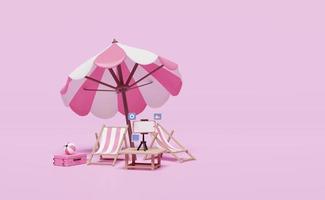 Viagens de verão 3D com celular, smartphone, tripé, mala, cadeira de praia, guarda-chuva, bola isolada em fundo rosa. transmissão ao vivo de vídeo online, conceito de notificação, ilustração de renderização 3D foto