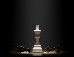 rei do xadrez branco entre mentirosos peões pretos em um tabuleiro de xadrez. ilustração de renderização 3D. foto