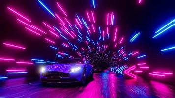 um carro esportivo com os faróis acesos está correndo por uma estrada noturna. ilustração de renderização 3D. foto