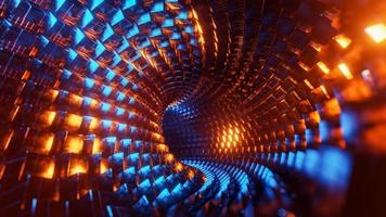 voando por um túnel de cubos de metal azul e laranja. ilustração de renderização 3D. foto
