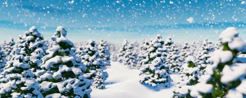 uma caminhada na floresta coberta de neve entre as árvores de natal durante uma nevasca. ilustração de renderização 3D foto